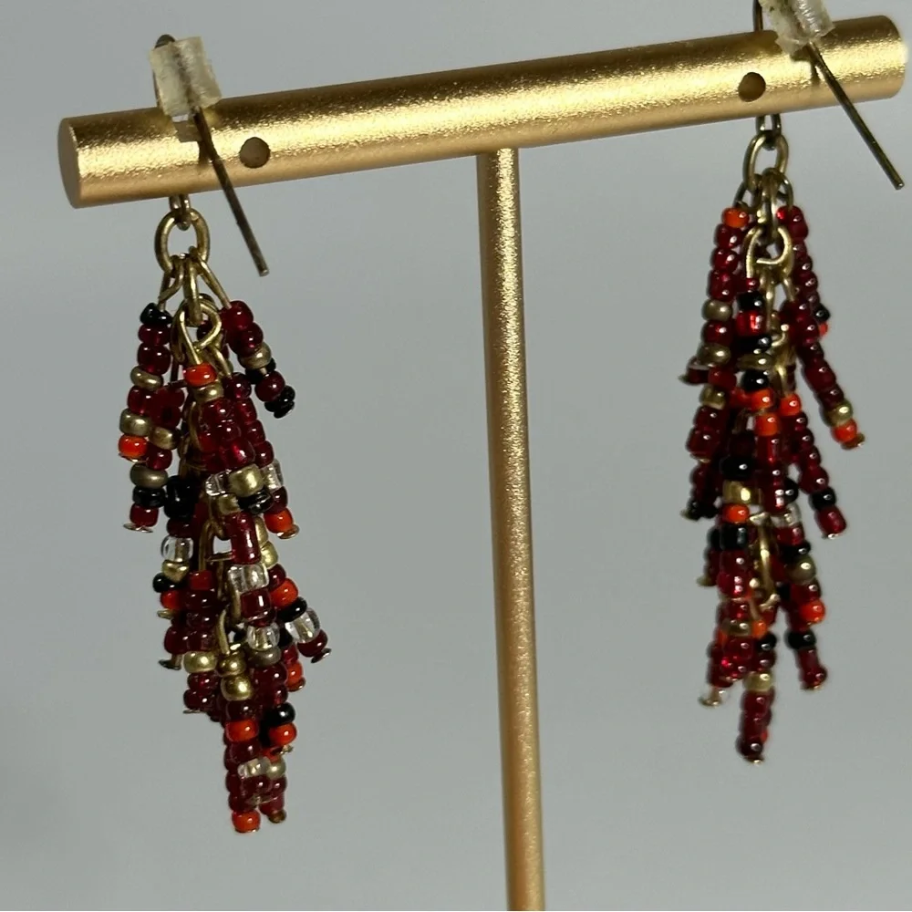 Red & Black Seed Bead Tassel Boho Dangle Beaded Earrings
